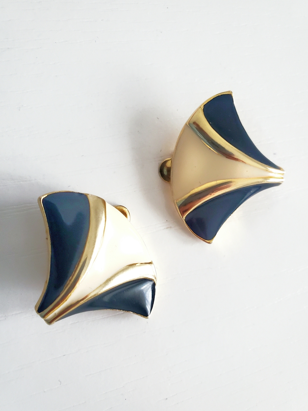 Gold and Navy Enamel Fan-Shaped Clip-On Earrings